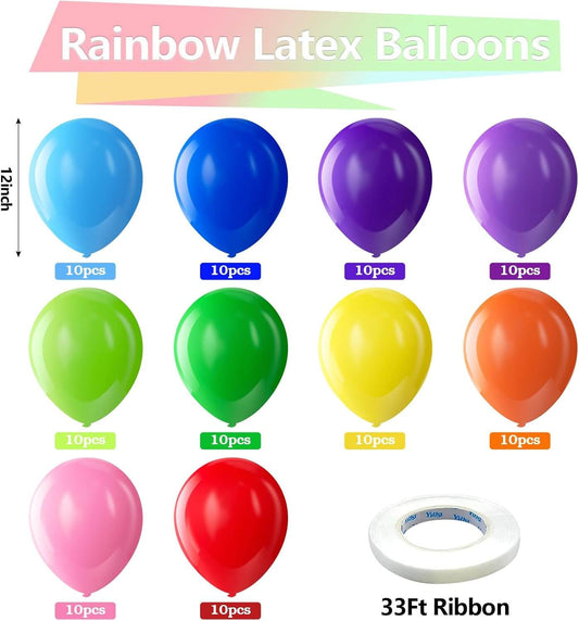 Premium Assorted Rainbow Latex Balloons, 100-Pack 12-Inch Round Helium Bright Color Balloons for Birthday, Bridal Shower, and Wedding Party Decorations