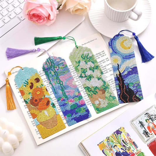 Diamond Art Bookmarks 4 Pieces Acrylic Diamond Bookmark Set Oil Painting Series DIY Bookmarks for Adults Small Craft Bookmark Set Beginners DIY Gifts for Friends Classmates and Reading Lovers