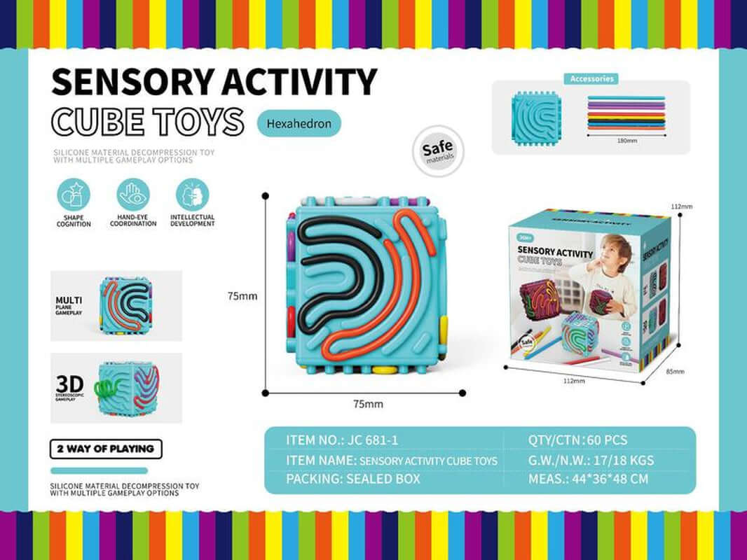 3D Sensory Activity Board - Silicone Sensory Toys, 8 - Sided Fidget Toys for Calming, Stress, Anxiety, ADHD & Autism, Ideal for Kids 3+ & Adults with 10 Strings & Open Lid Storage, Quiet & Mess - Free