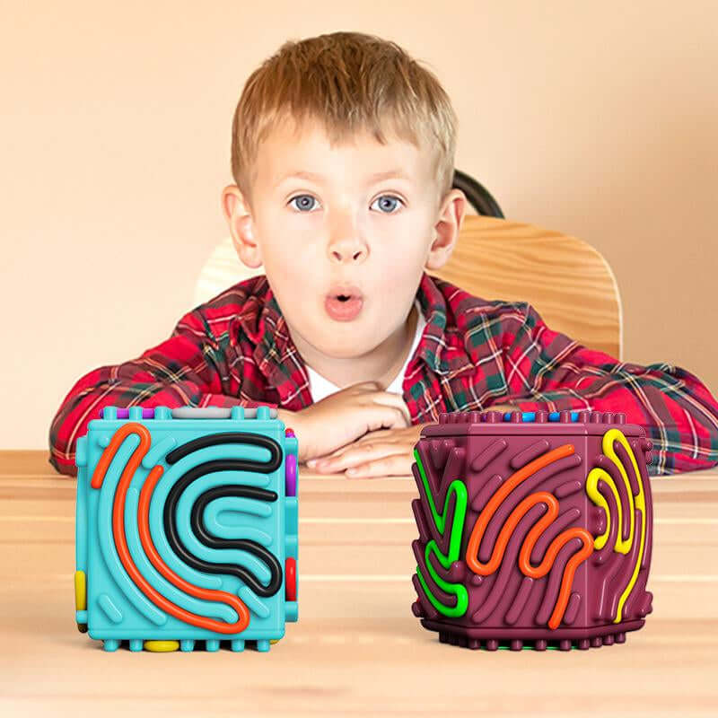 3D Sensory Activity Board - Silicone Sensory Toys, 8 - Sided Fidget Toys for Calming, Stress, Anxiety, ADHD & Autism, Ideal for Kids 3+ & Adults with 10 Strings & Open Lid Storage, Quiet & Mess - Free