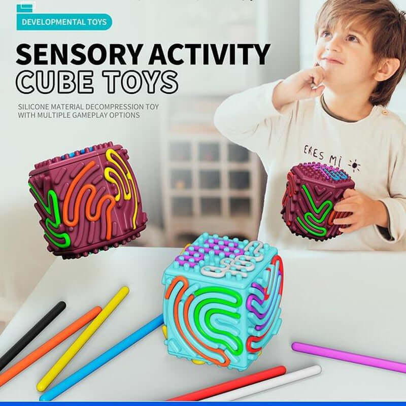 3D Sensory Activity Board - Silicone Sensory Toys, 8 - Sided Fidget Toys for Calming, Stress, Anxiety, ADHD & Autism, Ideal for Kids 3+ & Adults with 10 Strings & Open Lid Storage, Quiet & Mess - Free