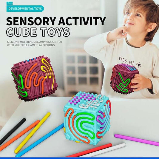 3D Sensory Activity Board - Silicone Sensory Toys, 8 - Sided Fidget Toys for Calming, Stress, Anxiety, ADHD & Autism, Ideal for Kids 3+ & Adults with 10 Strings & Open Lid Storage, Quiet & Mess - Free