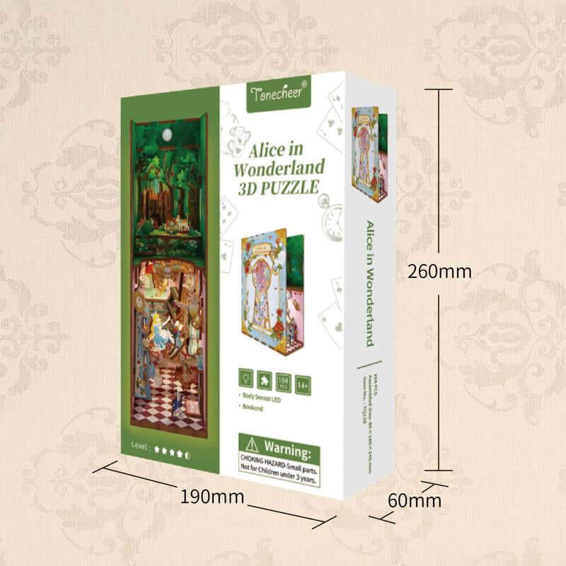 Tonecheer DIY Book Nook Kit for Adults,3D Wooden Puzzle Bookend Bookshelf Insert Library Decor, Booknook Miniature House Kit with Body Motion Sensor LED Light (Alice in Wonderland)