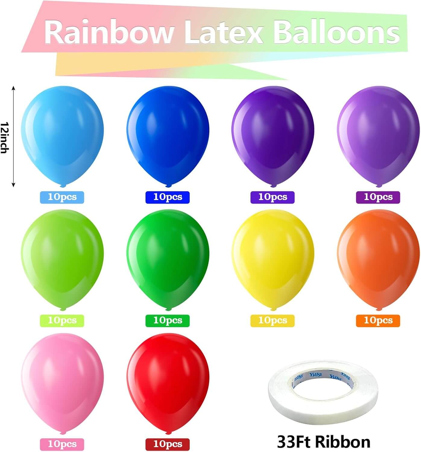 Premium Assorted Rainbow Latex Balloons, 100-Pack 12-Inch Round Helium Bright Color Balloons for Birthday, Bridal Shower, and Wedding Party Decorations