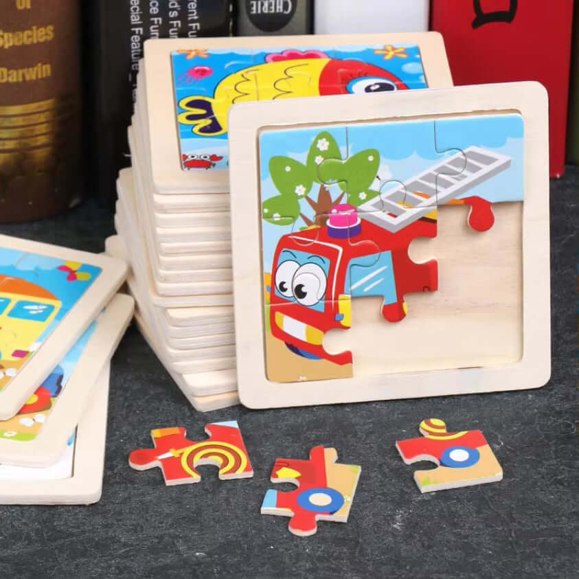 11Cm/4.33In Kids Wooden Jigsaw Puzzle Games Cartoon Animal Vehicle Pattern Children Montessori Educational Toys