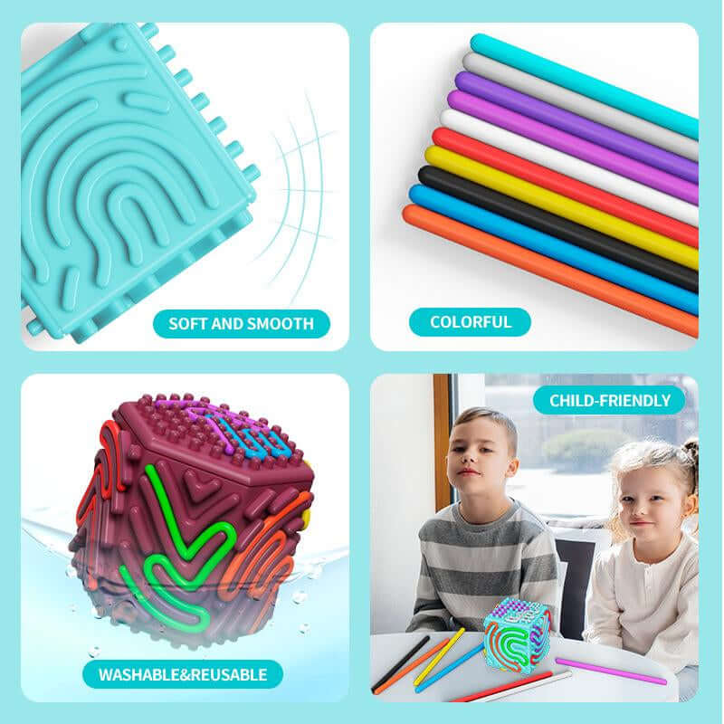 3D Sensory Activity Board - Silicone Sensory Toys, 8 - Sided Fidget Toys for Calming, Stress, Anxiety, ADHD & Autism, Ideal for Kids 3+ & Adults with 10 Strings & Open Lid Storage, Quiet & Mess - Free