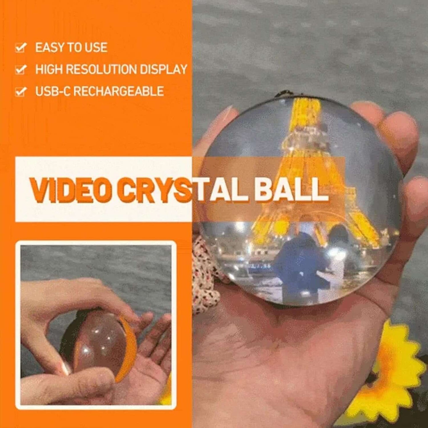 2.7Inch Crystal Ball with Electronic Display, Custom Light-Up Sphere, Personalized Digital Memory Display—Uploadable Videos & Photos, Customized Gift for Anniversary, Birthday, Wedding (White)