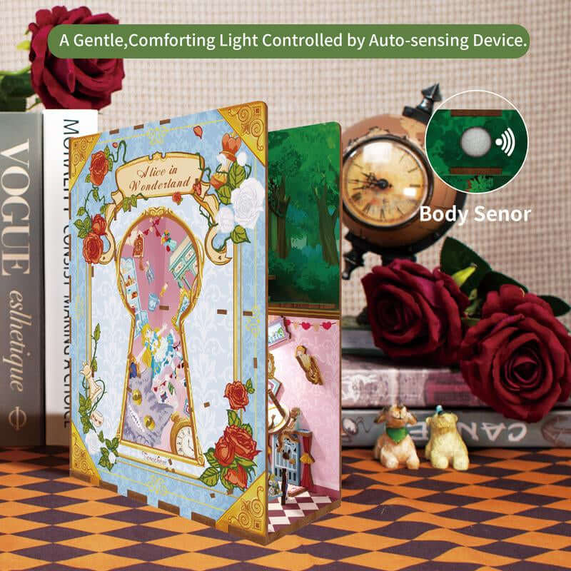 Tonecheer DIY Book Nook Kit for Adults,3D Wooden Puzzle Bookend Bookshelf Insert Library Decor, Booknook Miniature House Kit with Body Motion Sensor LED Light (Alice in Wonderland)