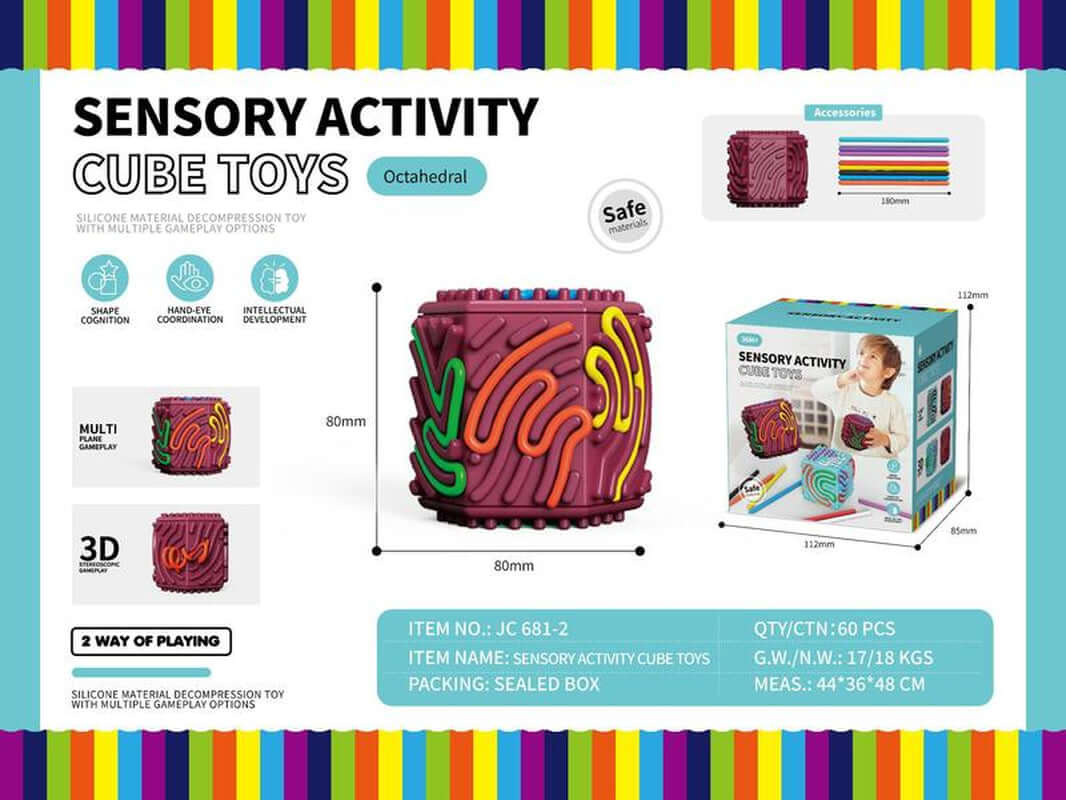 3D Sensory Activity Board - Silicone Sensory Toys, 8 - Sided Fidget Toys for Calming, Stress, Anxiety, ADHD & Autism, Ideal for Kids 3+ & Adults with 10 Strings & Open Lid Storage, Quiet & Mess - Free